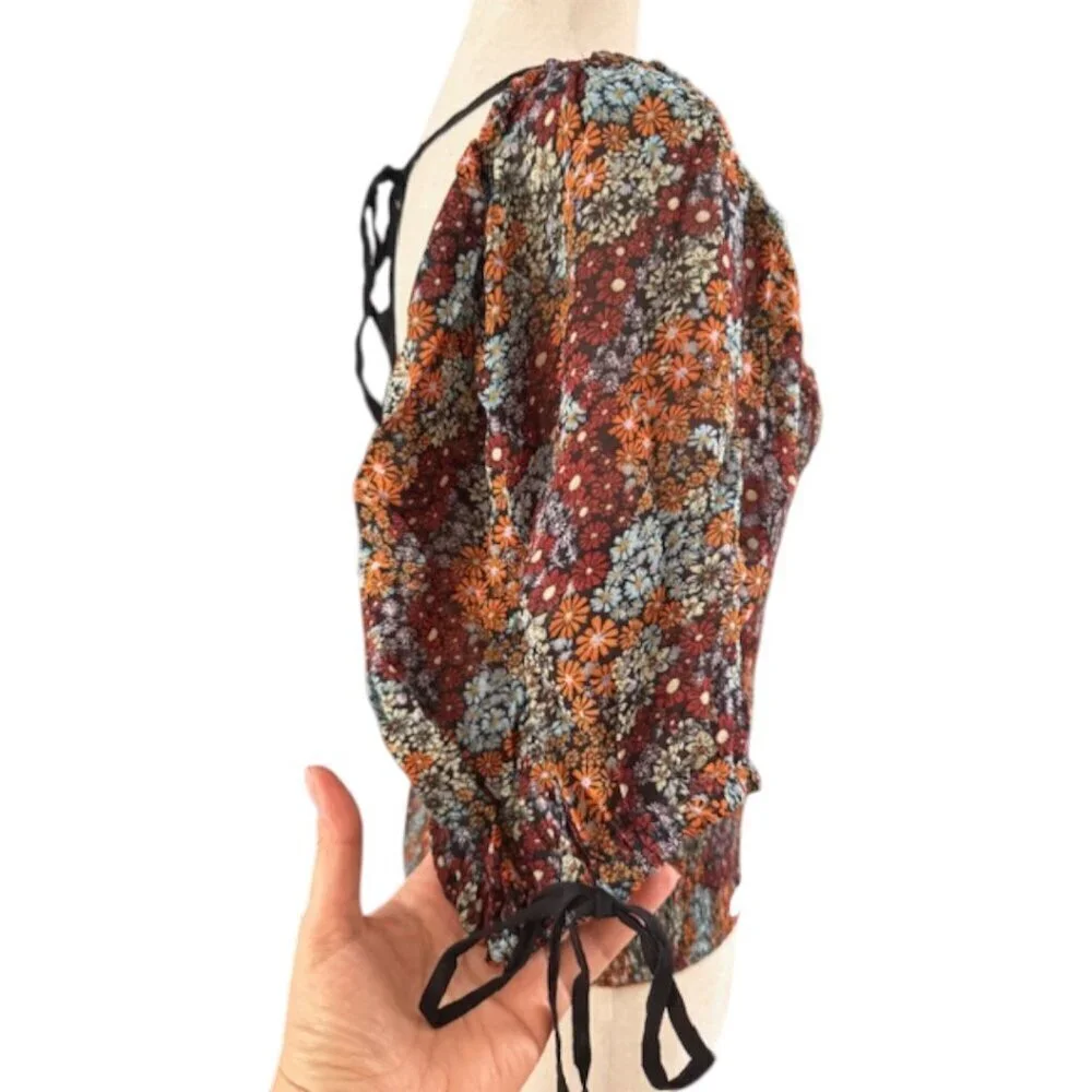 Free People Square Neck Smocked Puff Sleeve Floral Crop Top In Dark Combo Lr NWT